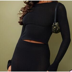 PrettyLittleThing NWT Black Sheer Soft Rib Longline Flared Sleeve Top - Size 8